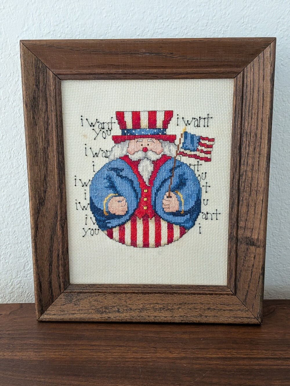 Vth Cross Stitch Framed PatrioticUncle Sam Hand Stitched Art 4th of July Flag